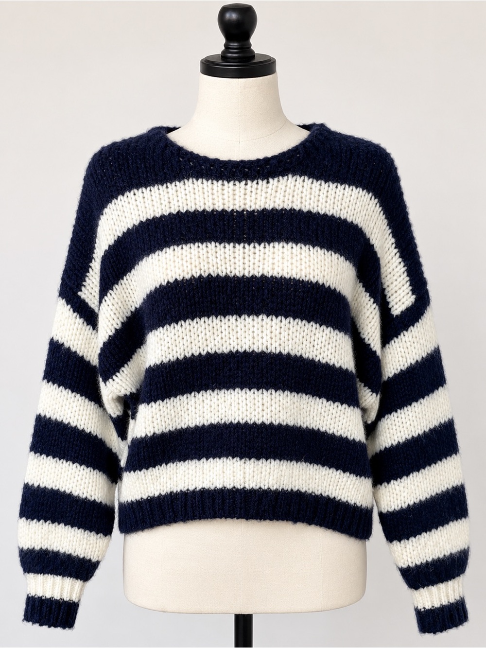 Molly Bracken Navy Ivory Stripe Chunky Fuzzy Knit Sweater Sz L Cozy Nautical